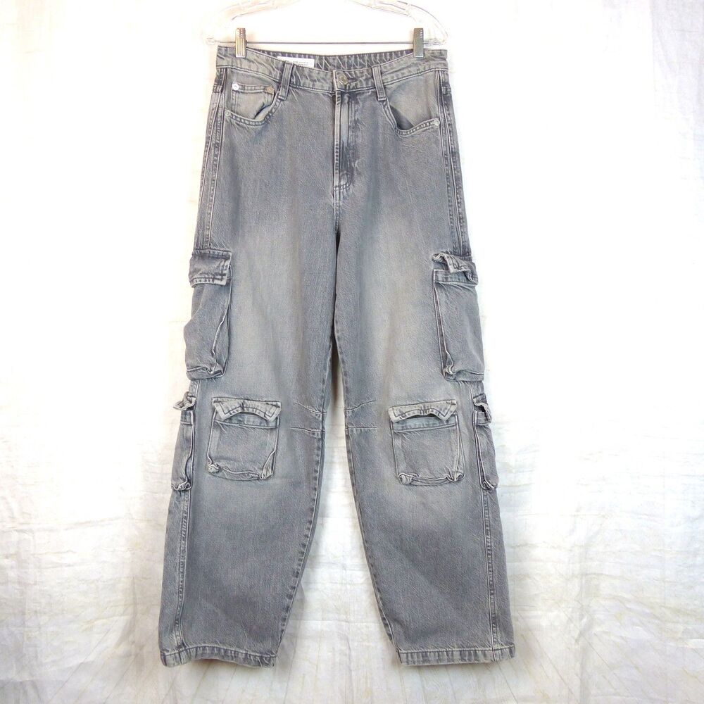 Zara Cargo Jeans Womens 8 (30x29.5) Gray Wide Leg Y2K Grunge Utility Baggy Denim